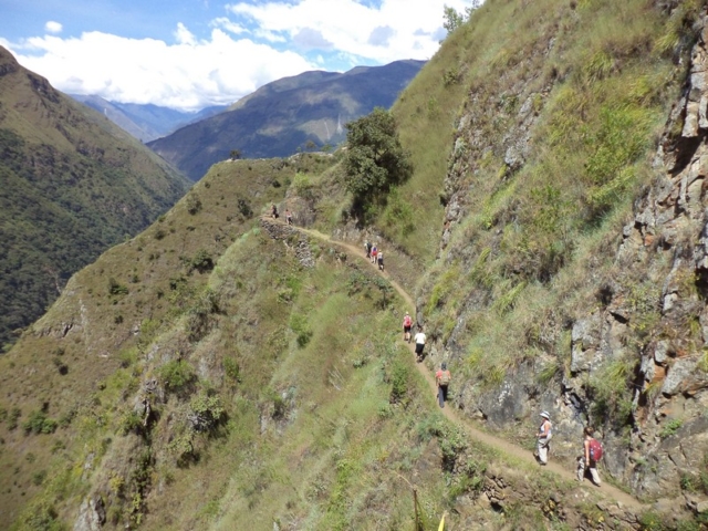 A line of hikers on the Inca trail in Peru