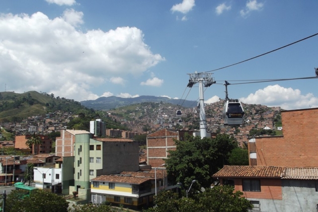 Taking the cable car in Medellin, Colombia