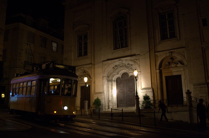 A Lisbon tram at night