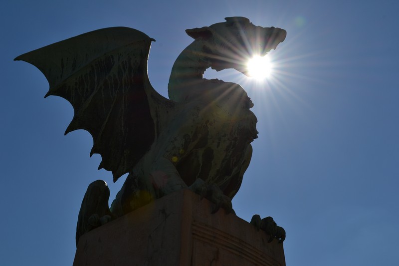 A dragon statue on a Ljubljana bridge