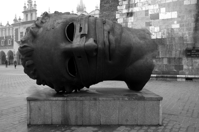 The Eros Bendato head sculpture in Krakow, Poland